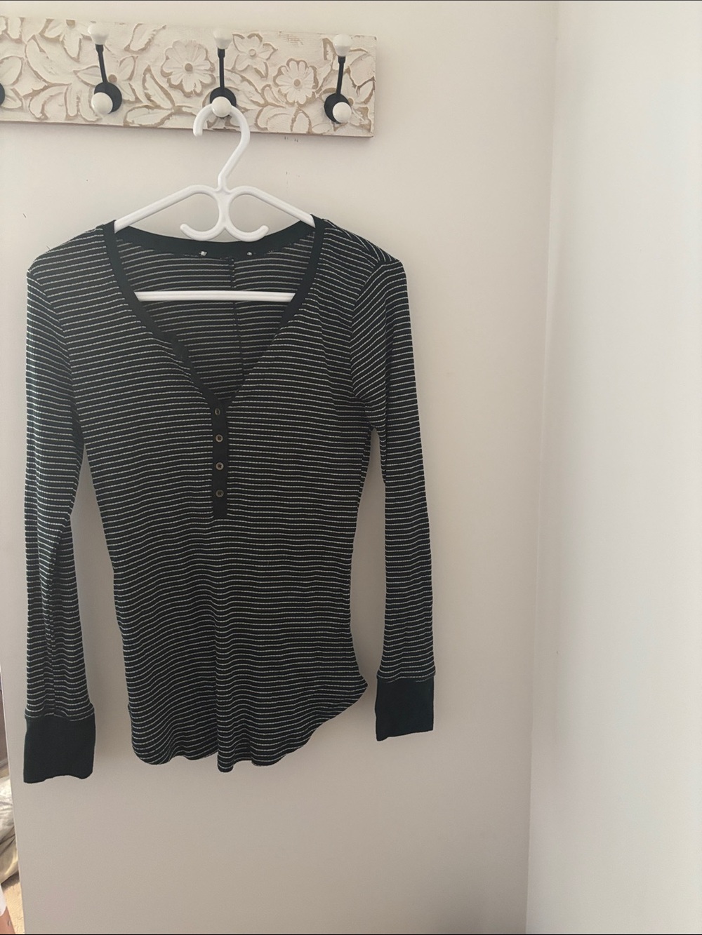 Striped Long-Sleeve Henley Top - Black